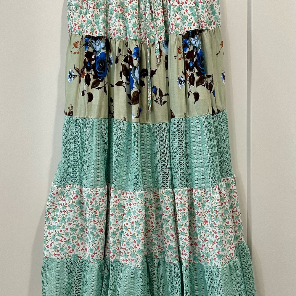 POL Mint Green Tiered Maxi Skirt with Blue Floral Accents
